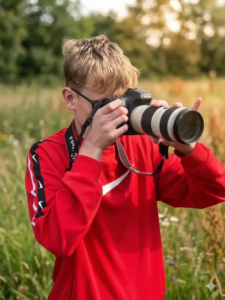 picture of harry gale taking a photo outside surrounded by grass